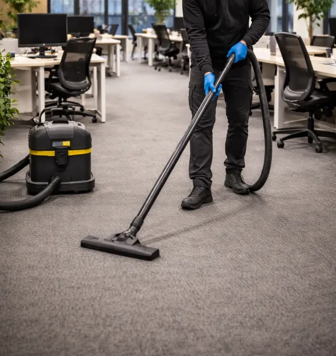 Cleaner vacuuming an open-plan office